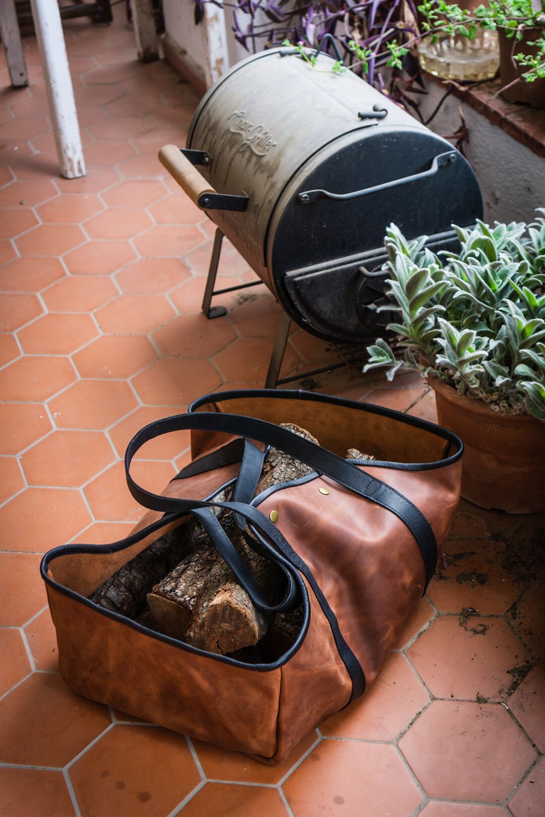 Artisanal Leather Firewood Carrier, Log Carrier, Firewood Leather Bag, Gift for Husband