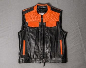 Motorcycle leather vest, Biker vest Diamond stitched, Black Orange Leather Vest,Custom Leather Vest by Fashion-Racing,Handcrafted,Biker Gift