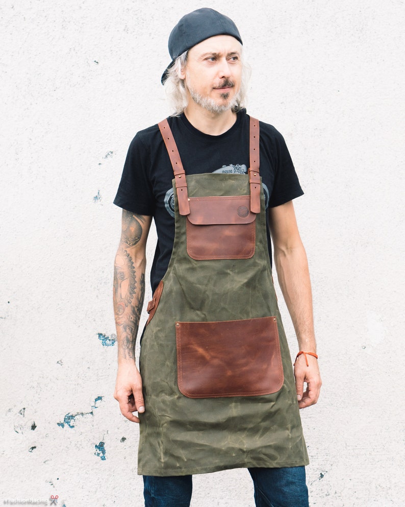 Waxed Canvas Leather Apron Personalized Apron Barista Barber Etsy