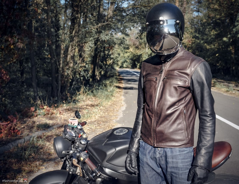 Biker Leather Jacket Cafe Racer Brown Custom Men Motorcycle Mens