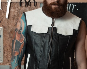 Black white leather vest, custom leather vest, Motorcycle leather vest, Zipper motorcycle vest, leather rider vest, men's leather biker vest