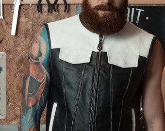 ジャケット・アウター REPEATER LEATHER VEST (BLACK/WHITE) Black And White Sleeveless Perfecto Vest Jacket | The Webster