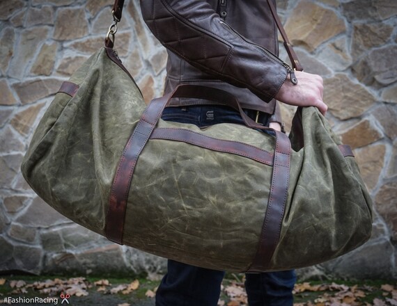 waxed canvas and leather duffle bag
