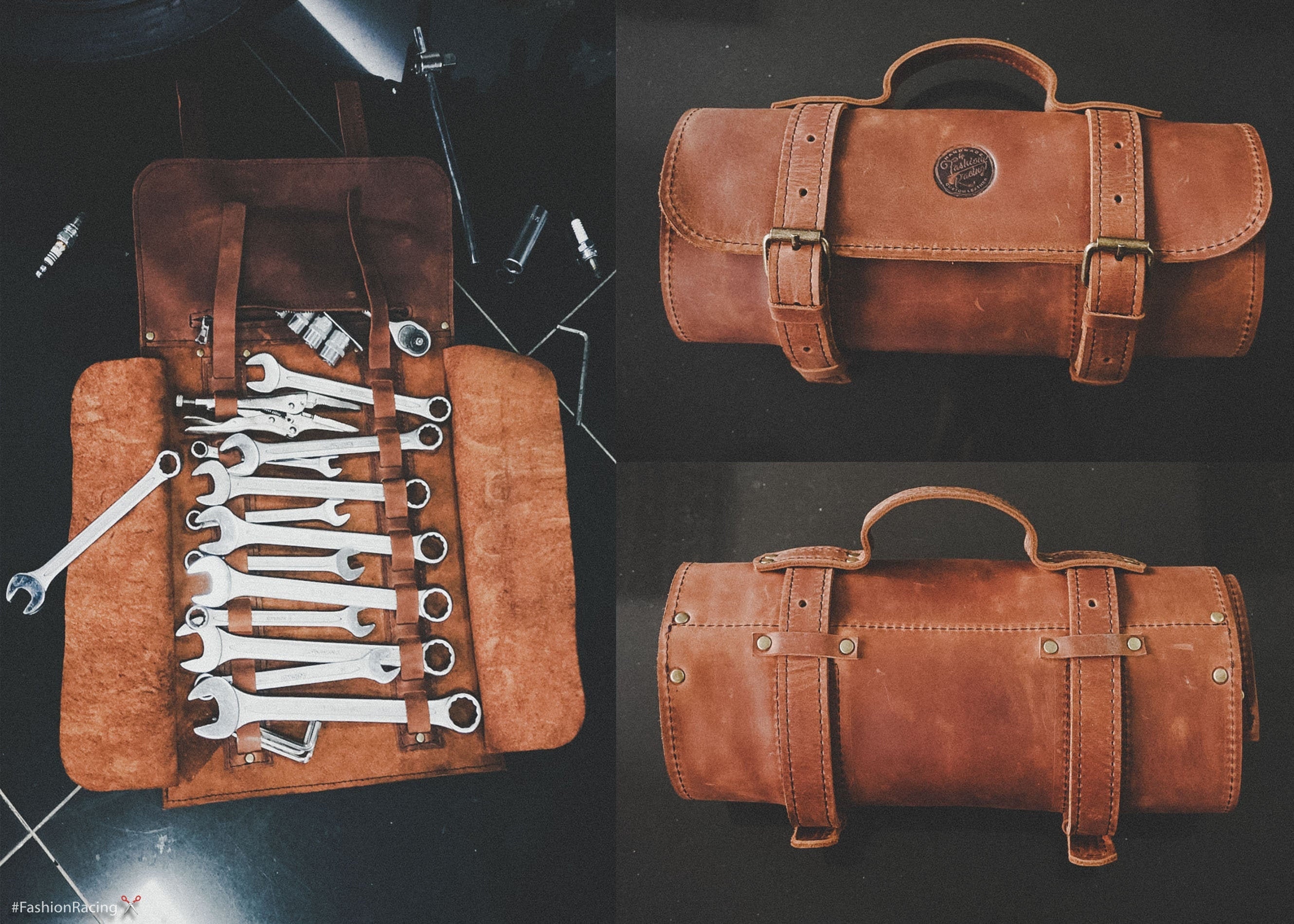 Motorcycle leather tool handlebar bag Vintage Brown Diamond