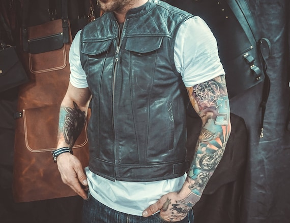 Gilet in pelle Diamond Stitch, gilet in pelle da moto, gilet in pelle, gilet  in pelle MC, gilet in pelle con cerniera, gilet da moto da uomo, gilet da  uomo 