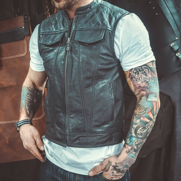 Mens Gray Leather Vest Etsy