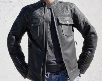 Leather Jacket, Cafe Racer Leather Jacket, Custom Leather Jacket, Diamond Stitch Leather Jacket, Motorcycle Leather Jacket, Motorbike Jacket