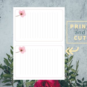 May include: Printable blank cards with pink flowers and lined paper. The text "PRINT and CUT" is in a yellow box.