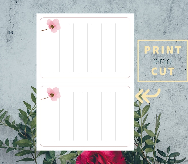 May include: Printable blank cards with pink flowers and lined paper. The text "PRINT and CUT" is in a yellow box.