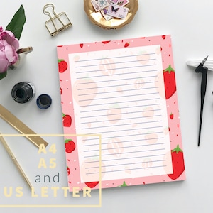 Papel para cartas imprimible con fresas, papel de papelería con frutas, descarga digital, tamaño A4, A5, carta estadounidense, PDF y JPEG, membrete de frutas de verano.