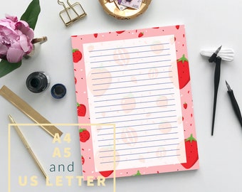 Strawberry Printable Letter Writing Paper, Digital Download Fruit Stationery Paper, A4 A5 US Letter, PDF JPEG, Summer Fruit Paper Letterhead
