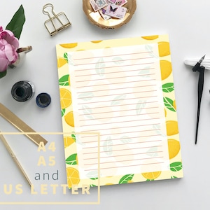 Lemon Printable Letter Writing Paper, Digital Download Fruit Lined Stationery Paper, A4 A5 US Letter, PDF JPEG, Summer Fruit Letterhead