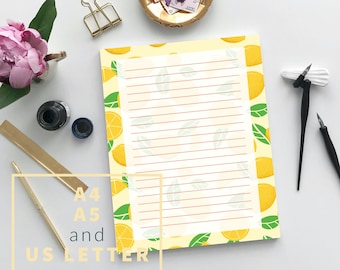 Lemon Printable Letter Writing Paper, Digital Download Fruit Lined Stationery Paper, A4 A5 US Letter, PDF JPEG, Summer Fruit Letterhead