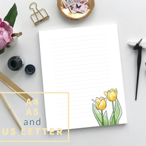 Papel para escrever cartas imprimíveis, papel de papelaria de flores para download digital, carta dos EUA A4 A5, PDF JPEG, papel de correio de flores