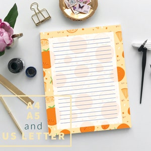 Orange Printable Letter Writing Paper, Digital Download Fruit Stationery Paper, A4 A5 US Letter, PDF JPEG, Summer Fruit Paper Letterhead