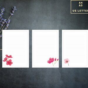 3 Papel de escritura de carta imprimible, Digital Descargar Papel de papelería de la flor de la cereza, A4 A5 Carta de EE.UU., PDF JPEG, Letterhead de papel de correo de la flor