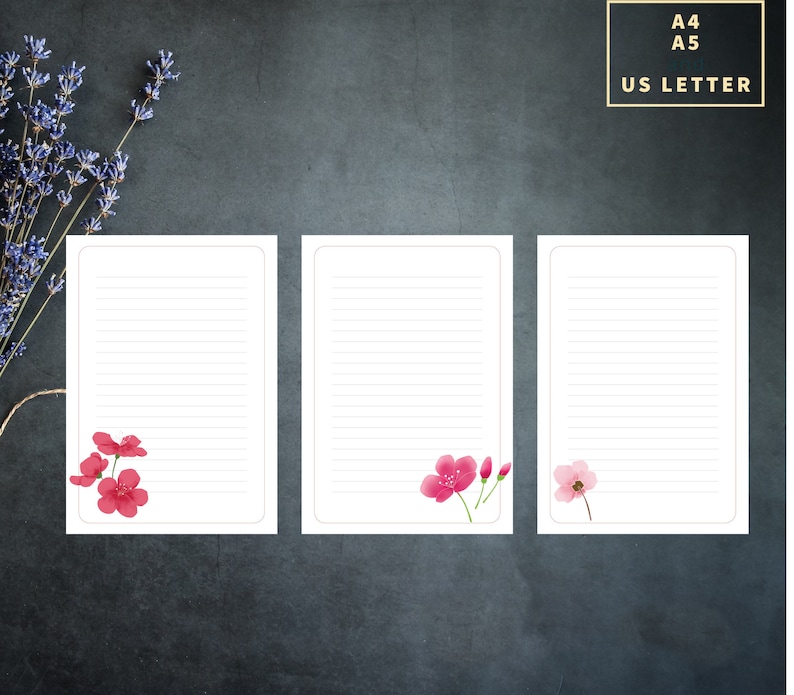 May include: Three blank lined white pages with pink floral illustrations. The pages are set against a dark gray background.