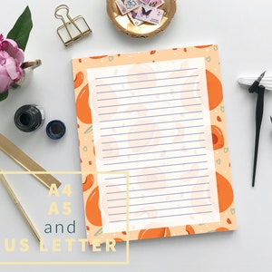 Papel de escritura de cartas imprimible de melocotón, papel de papelería de frutas de descarga digital, carta de EE. UU.A4 A5, PDF JPEG, membrete de papel de fruta de verano