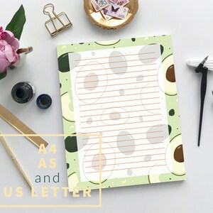Avocado Printable Letter Writing Paper, Digital Download Fruit Lined Stationery Paper, A4 A5 US Letter, PDF JPEG, Summer Fruit Letterhead