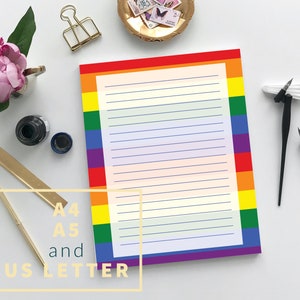 Papel para escrever cartas para impressão Pride Rainbow, download de papel estacionário arco-íris, carta A4 A5 US, papel timbrado arco-íris
