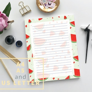 Watermelon Printable Letter Writing Paper, Digital Download Melon Stationery Paper, A4 A5 US Letter, PDF JPEG, Summer Fruit Paper Letterhead