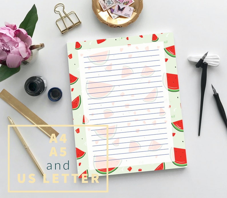 May include: Watermelon patterned lined paper in A4, A5, and US Letter sizes. The paper has a light green background with red watermelon slices.