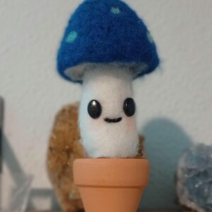 May include: A blue and white felt mushroom with a happy face, potted in a terracotta pot.