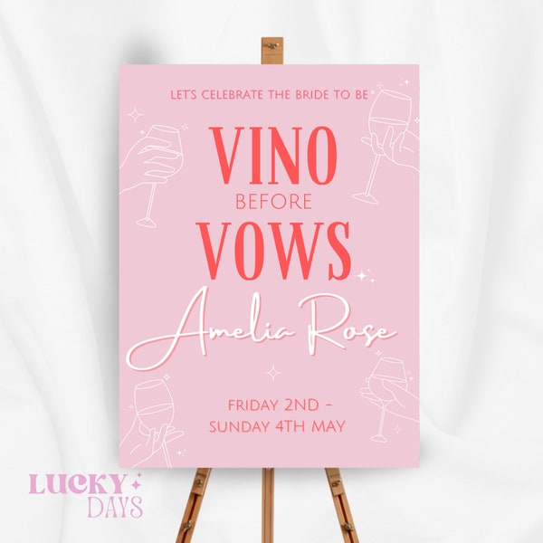 Editable Vino Before Vows Welcome Sign | Printable Themed Hen Do Board | Bachelorette Party Canva Template