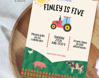 May include: A farm-themed birthday invitation for Finley's 5th birthday party. The invitation features a red tractor, a chicken, a pig, a cow, and a wooden fence. The text on the invitation reads "Yee-haw Finley is Five" and includes the date and time of the party. RSVP information is also included.