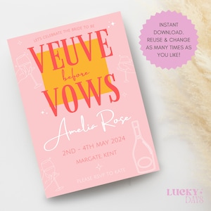 Editable Veuve before Vows Bachelorette Party Invitation & Itinerary | Printable Hen Party Canva Template, Champagne Customisable Invite