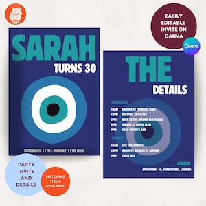 Puede incluir: Una invitación de fiesta azul y blanca con un diseño de ojo estilizado. La invitación es para el cumpleaños número 30 de Sarah e incluye un cronograma de eventos para el fin de semana. El texto dice "Sarah Turns 30" y "The Details".