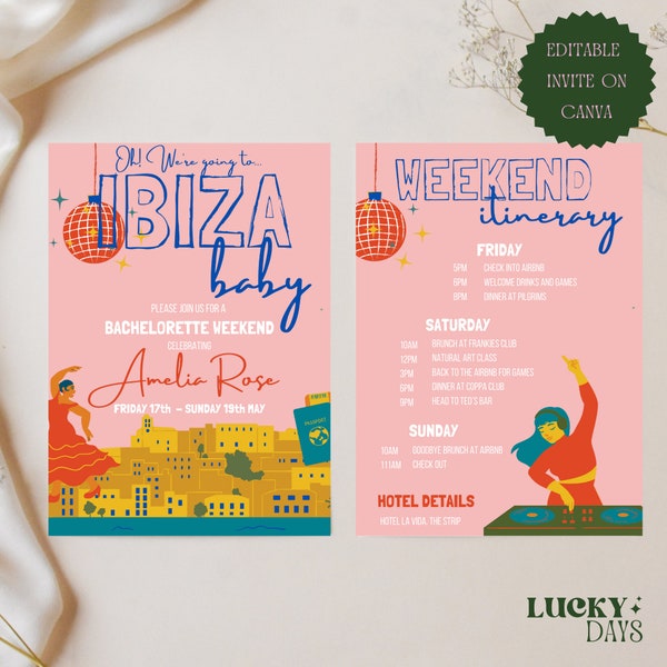 Editable Bachelorette Party Invitation and Itinerary Evite | Printable Ibiza Hen Do Invite | Themed Canva Template