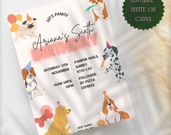 May include: A colourful birthday party invitation with a paw print design. The invitation features a variety of dogs wearing party hats and holding balloons. The text on the invitation reads "Let's Pawty Ariana's Sixth Birthday" and includes details about the party, such as the date, time, and location.