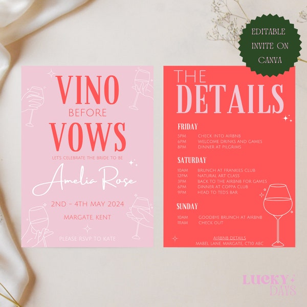 Editable Bachelorette Party Invitation and Itinerary Template, Printable Vino Before Vows Hen Do Invite