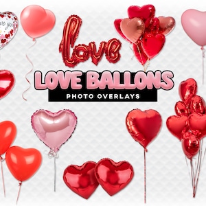 Pode incluir: Uma coleção de balões vermelhos e rosa em forma de coração, alguns com a palavra "love" impressa neles. Os balões estão dispostos de várias maneiras, incluindo um grupo de balões vermelhos, um único balão rosa e um par de balões vermelhos amarrados juntos. Os balões flutuam todos no ar, e o fundo é branco.