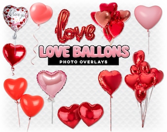 Love Balloons Photoshop Overlays for Photographers, Invitations, Scrapbooking, and More. High Quality Heart Balloons Valentine PNG