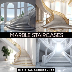 May include: Four digital backgrounds featuring white marble staircases with gold accents. The staircases are in different settings, including a grand hall with columns and a room with a view of the ocean.