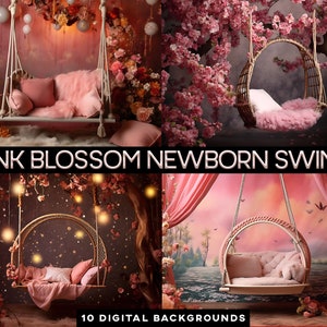 Pink Blossom Newborn Swings Photographer Prop Baby Girl Digital BG Pink Swing Floral Flowers Digital Background Artwork Art BG