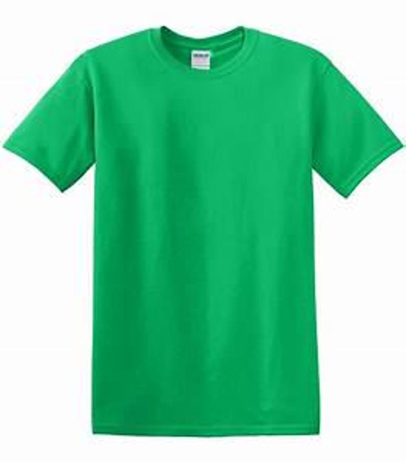 May include: A solid green crew neck t-shirt. The short-sleeved shirt is made of a soft material and is suitable for casual wear. The Gildan brand tag is visible on the collar.