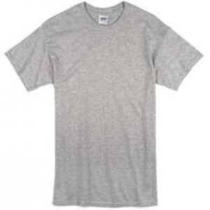 May include: A heather gray, short-sleeved t-shirt with a crew neck. The shirt is made of a soft, comfortable material and has a tag on the back of the neck. The shirt is a basic, everyday garment.