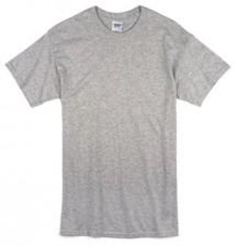 May include: A heather gray, short-sleeved t-shirt with a crew neck. The shirt is made of a soft, comfortable material and has a tag on the back of the neck. The shirt is a basic, everyday garment.