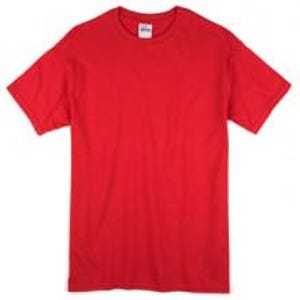 May include: A solid red, short-sleeved t-shirt. The shirt has a crew neck and a tag visible at the back of the neck. The fabric appears to be a medium weight cotton. The shirt is plain and without any graphics or text.