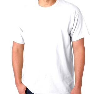 May include: A plain white short-sleeve t-shirt. The shirt has a crew neck and is made of a soft, opaque fabric. The sleeves are short and end above the elbows. The shirt is a solid white color.