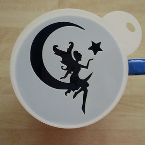 Unique bespoke new 100mm fairy on moon craft and coffee stencil