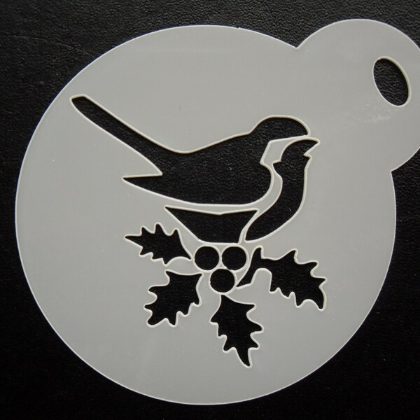 Unique bespoke new 60mm robin with holly cookie, craft & face painting stencil