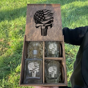 Republican Gift – Trump Whiskey Decanter Set with Etched Glasses, MAGA and Patriotic 2024, Personalized wood box with glasses