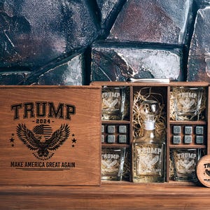 Trump 2024 Whiskey Decanter Set – MAGA Gift with Personalized Rocks Glasses, Donald Trump Merch for Republican Men, Trump Fans or Supporters