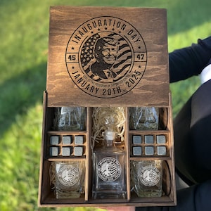 Engraved Whiskey Decanter set for Trump Supporters - Unique Gift Idea, Republican Gifts, Engraved Trump 45 47 Whiskey Rock Glass