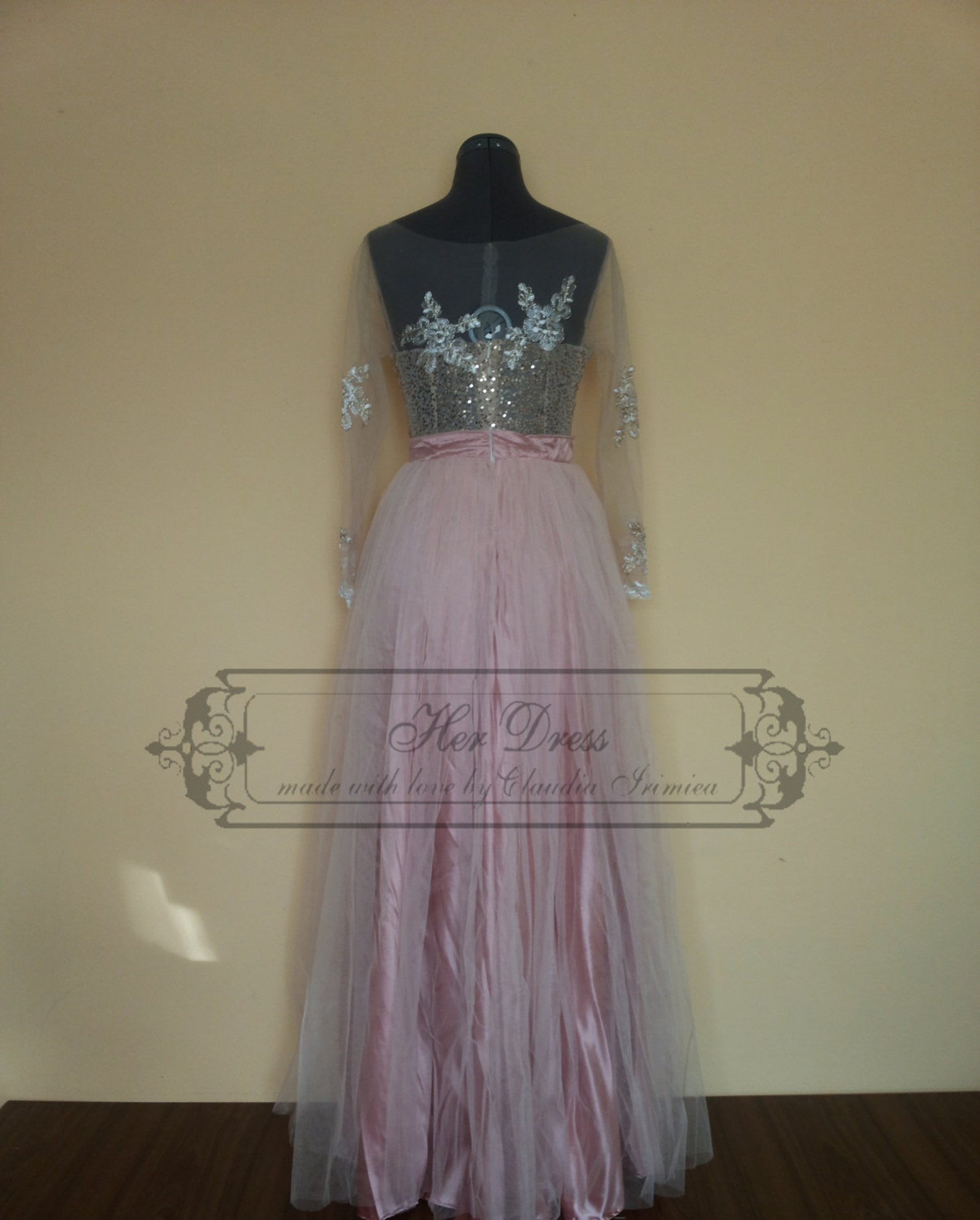 Blush pink hand made sequins studded fish tail gown main image 0