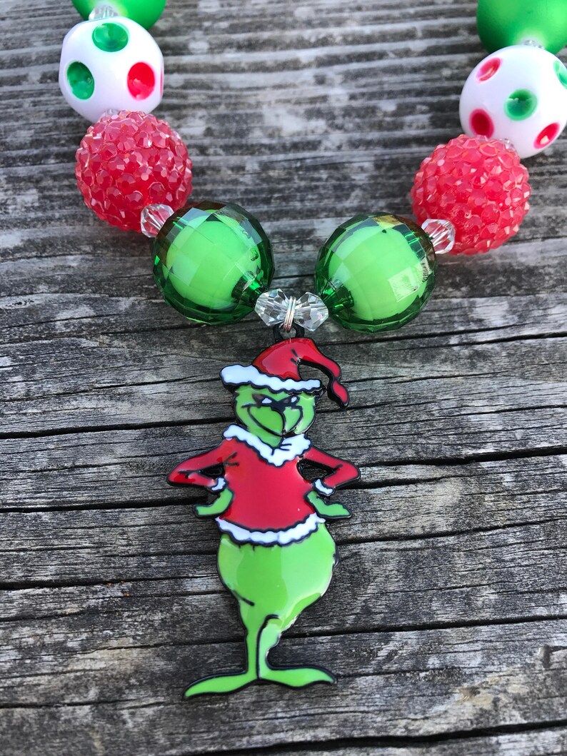 Necklaces Chunky Bead Necklace Christmas Necklace Grinch Etsy